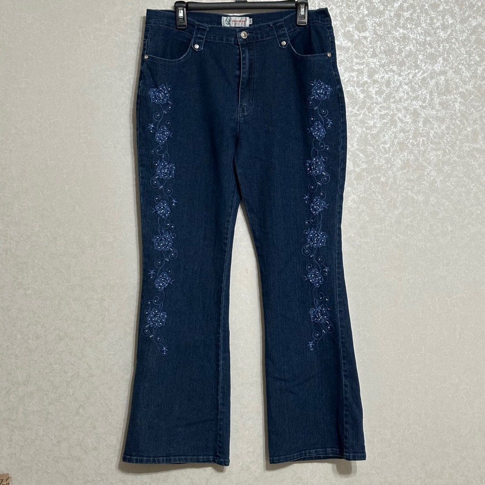 Hong Qinghua Jeans Embroidered‎ Beaded Floral Bootcut Dark Wash Denim Jeans 34